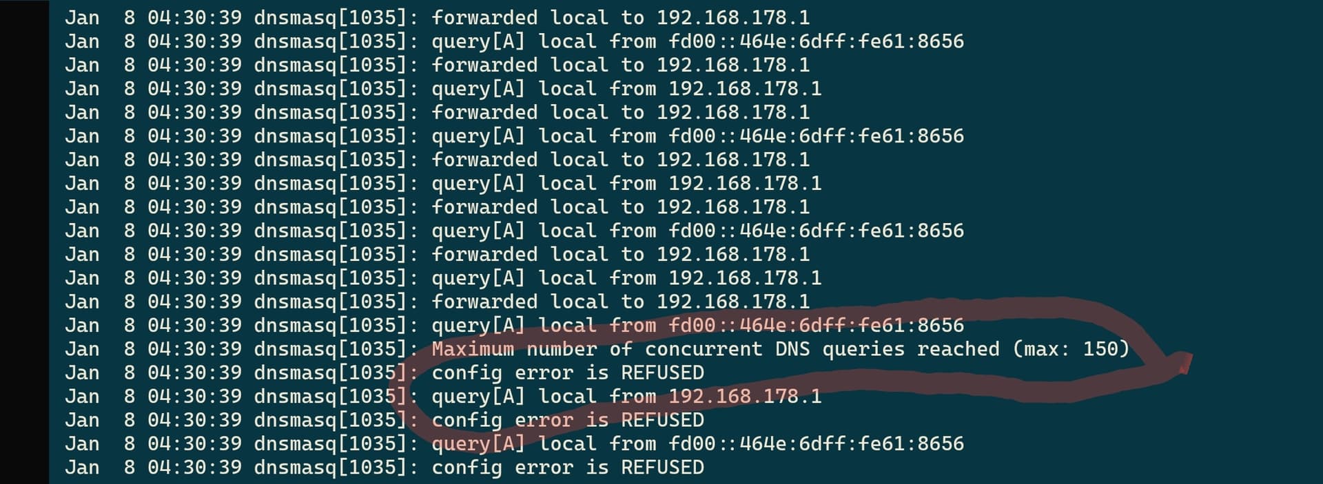 Dnsmasq[1035]: Maximum number of concurrent DNS queries